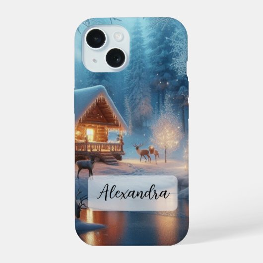 Frozen Fluss, Hirsch, gemütliche Hütte, Pinien iPhone 15 Hülle (Rückseite)
