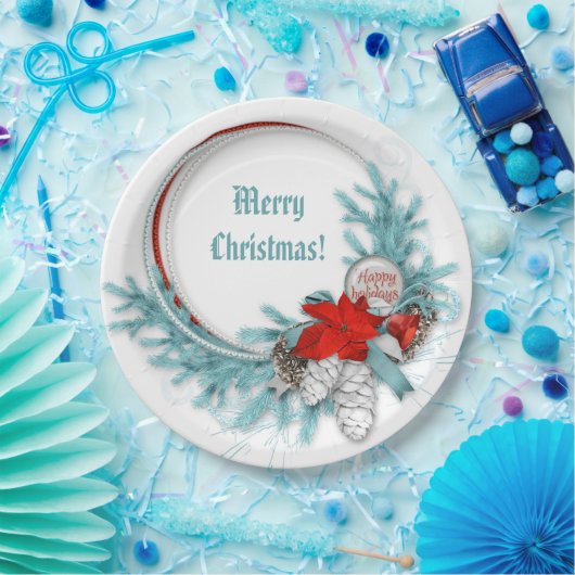 Frozen Ice Blue Christmas Branch Red Poinsettia Pappteller (Party)
