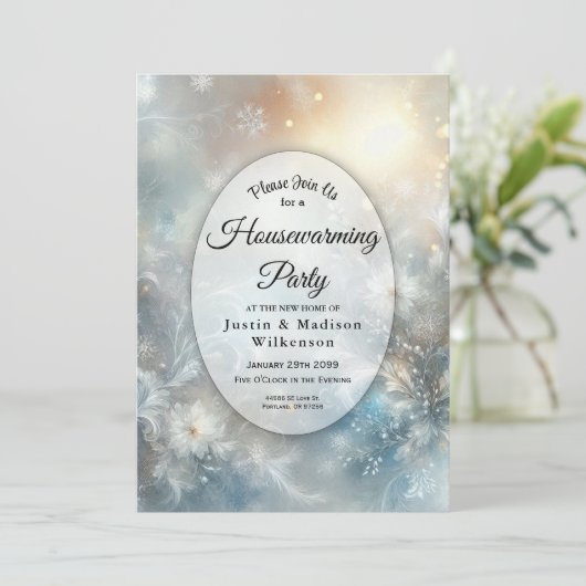 Frozen Petals in Golden Winter Housewarming Party Einladung (Stehend Vorderseite)