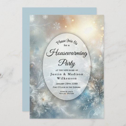 Frozen Petals in Golden Winter Housewarming Party Einladung (Vorne/Hinten)