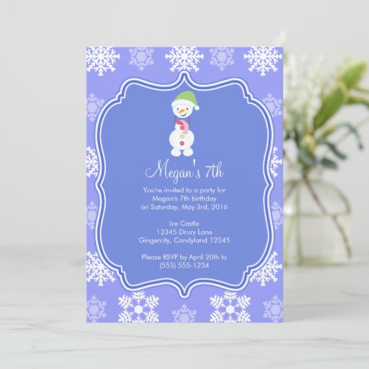 Frozen Snowflake Winter Snowman Geburtstag Einladung (Stehend Vorderseite)