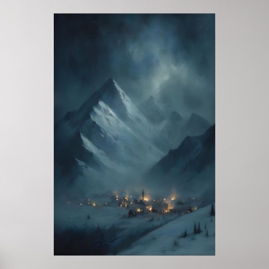 Frozen Snowy Mountain Village Under Snowy Twilight Poster (Vorne)