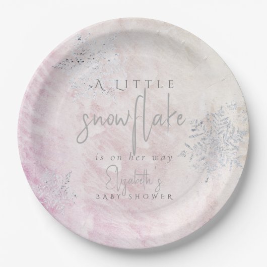Frozen Winter Silver Snowflake Pink Baby Dusche Pappteller (Vorderseite)
