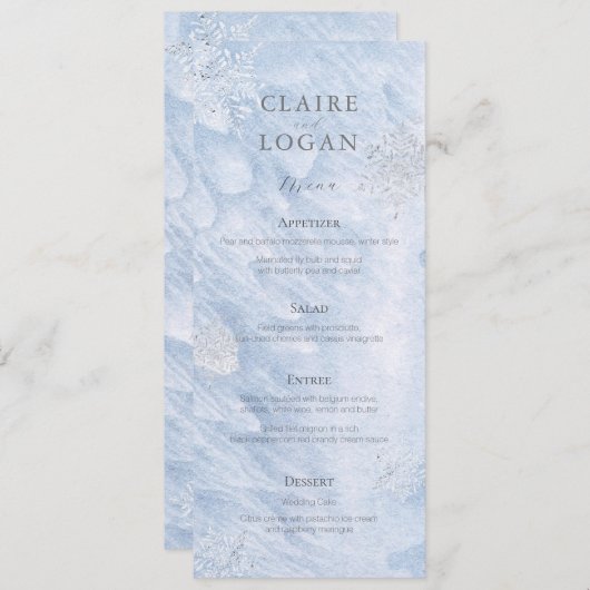 Frozen Winter Silver Snowflakes Hochzeit Menükarte (Vorne/Hinten)