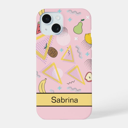 Frucht-Memphis-Muster Rosa iPhone 15 Hülle (Rückseite)
