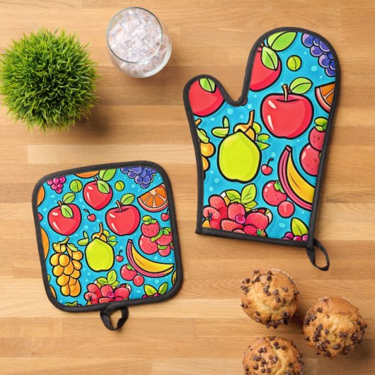 Fruchtbares Musterdesign Ofenhandschuh & Topflappen-Set (Oben Unten)