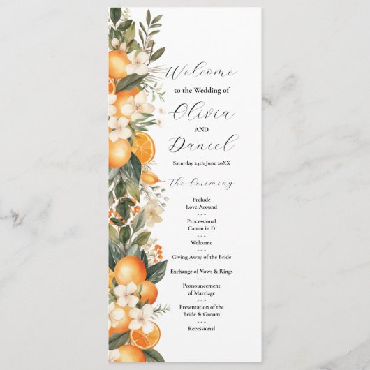 Fruchtblumenorangen Hochzeitsmenü - Einzelheiten Programm (Vorderseite)