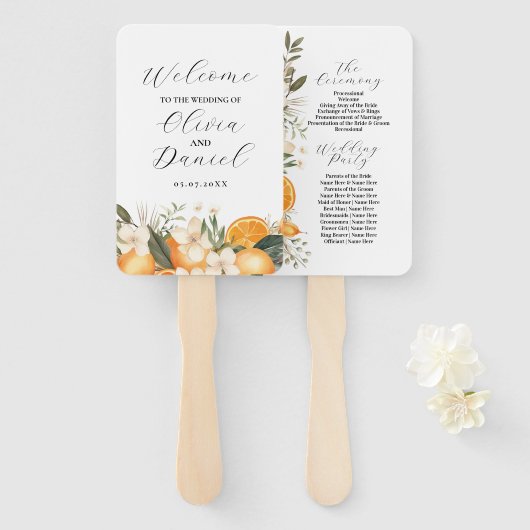 Fruchtblumenorangen-Hochzeitsprogramm Fächer (Vorne und Hinten)
