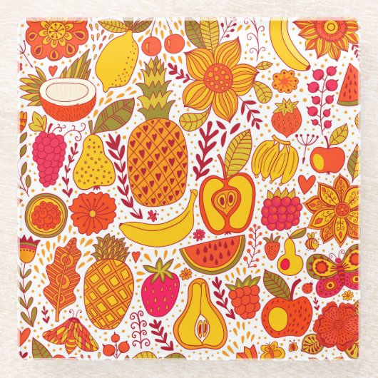 Fruchtdoodles: Vintages Sommermuster. Glasuntersetzer (Vorderseite)