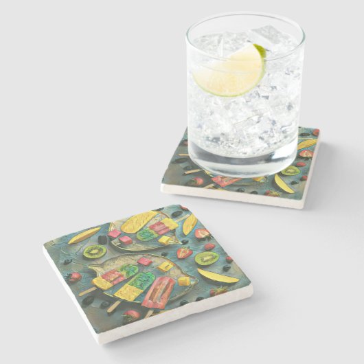 Früchte aus farbigem Eis Steinuntersetzer (Seitenansicht)