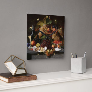 Früchte Austern Wein Vintage Kunst Rustikale Heimd Quadratische Wanduhr
