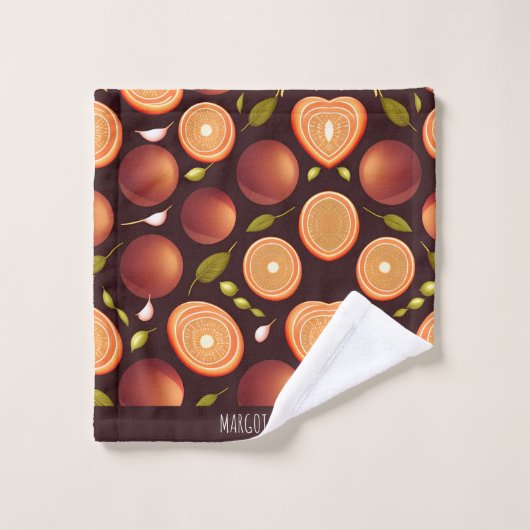 Früchte Braun Orange farbenfrohe Muster Badhandtuch Set (Waschlappen)