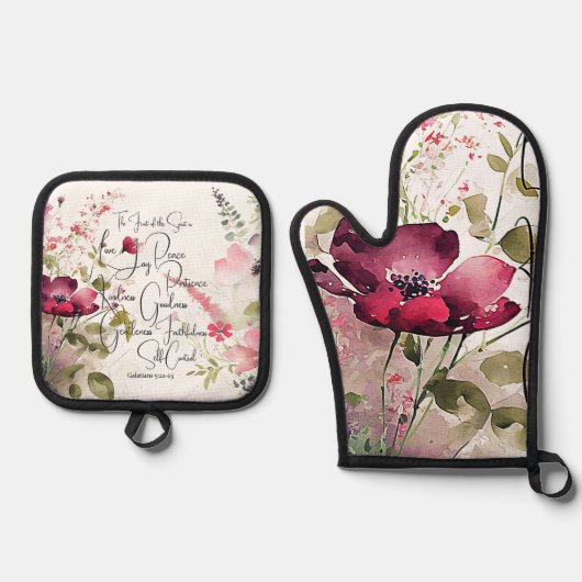 Früchte des Geistes, rosa Blüte Ofenhandschuh & Topflappen-Set (Vorderseite)