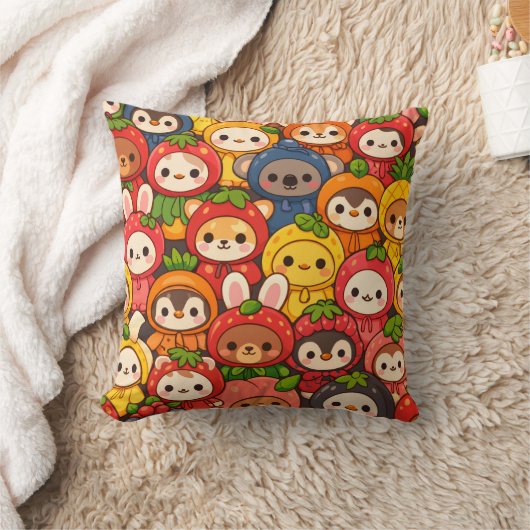 Früchte-Freunde-Parade | Süße Tier Chibi Kissen (Decke)