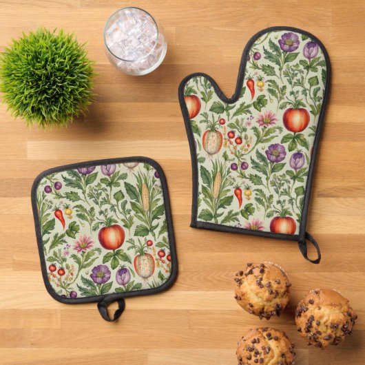 Früchte, Gemüse, Blumen Ofenhandschuh & Topflappen-Set (Oben Unten)