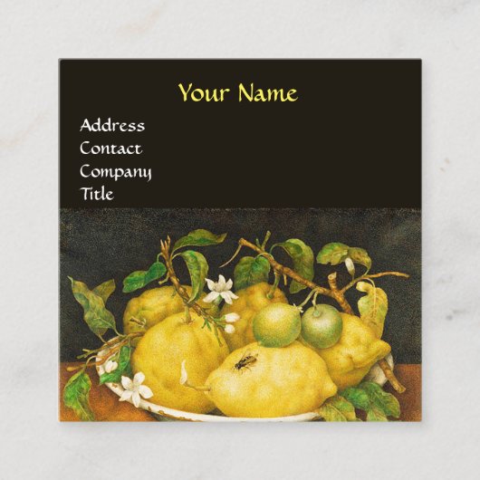 FRÜCHTE, LÄMEN UND WEISSE BLUME, gelb Quadratische Visitenkarte (Vorderseite)