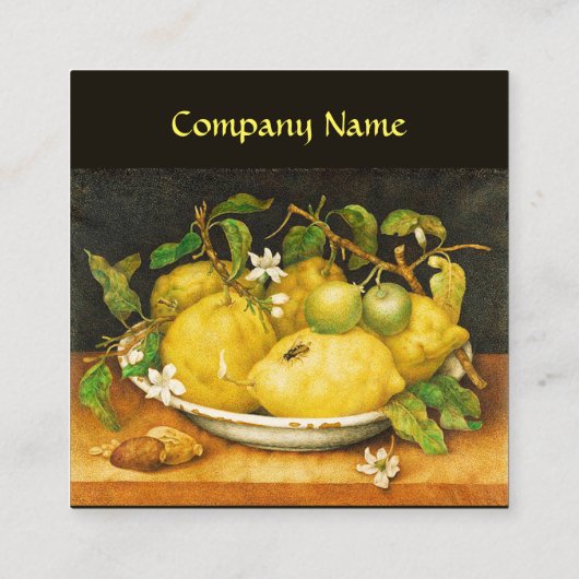 FRÜCHTE, LÄMEN UND WEISSE BLUME, gelb Quadratische Visitenkarte (Rückseite)