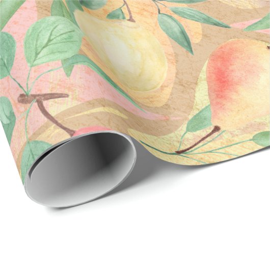 Früchte, Pfirsiche, Birnen, Zitronen, Aquarell Geschenkpapier (Rolleneckpunkt)