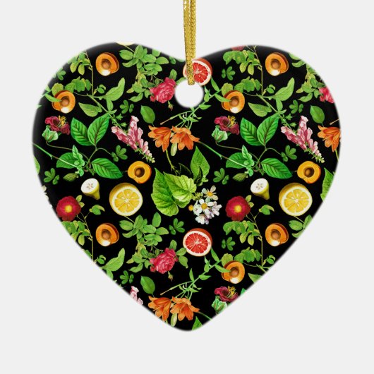 Früchte und Blätter Muster auf Schwarz Keramik Ornament (Vorne)