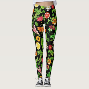 Früchte- und Blätter-Muster auf Schwarz Leggings