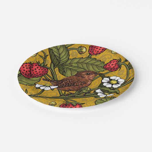 Früchte und Erdbeeren auf Mustrard Pappteller (Schrägansicht)