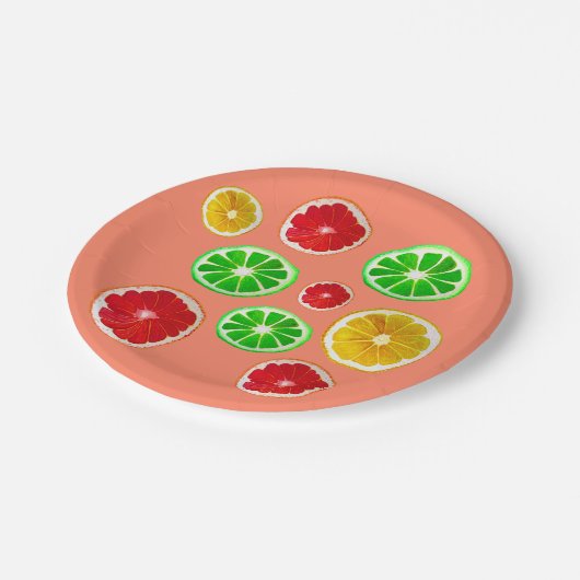 Fruchtfarbene Fruchtmuster Pappteller (Schrägansicht)
