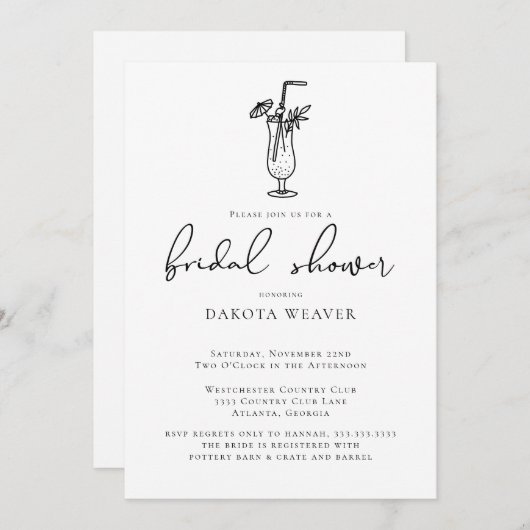 Fruchtgetränk Schwarz-weiß Kalligrafie Brautparty Einladung (Vorne/Hinten)