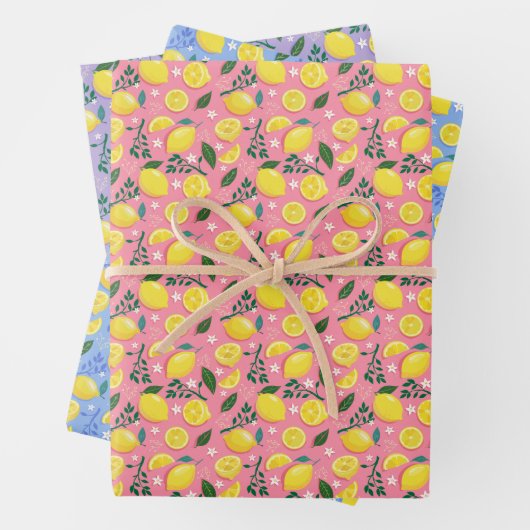 Fruchtlemonen auf hellrosa, lilac und Sky Blue Geschenkpapier Set (Beispiel)