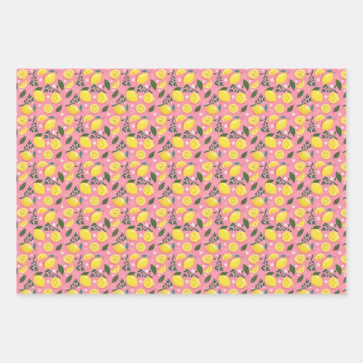 Fruchtlemonen auf hellrosa, lilac und Sky Blue Geschenkpapier Set (Vorderseite)