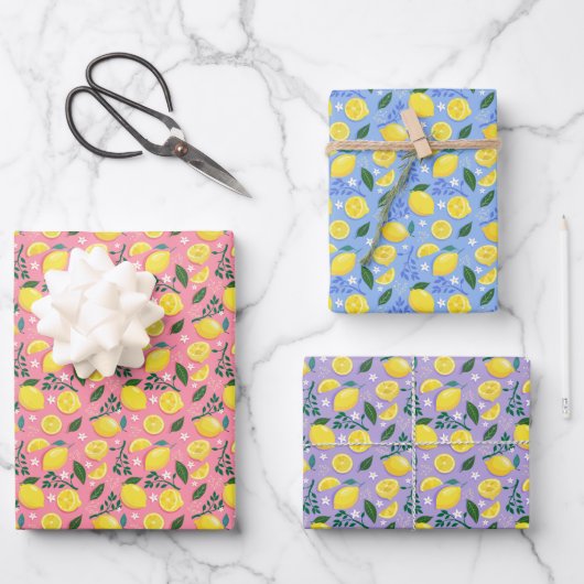Fruchtlemonen auf hellrosa, lilac und Sky Blue Geschenkpapier Set (Vorderseite)