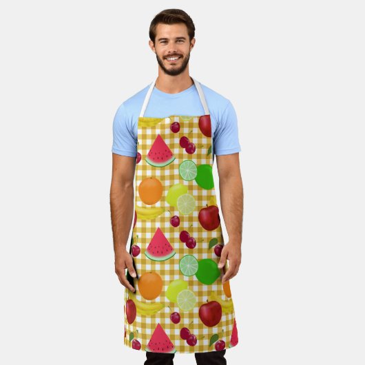 Fruchtmischungen Gelb Weißer Gingham Karo Schürze (Getragen)