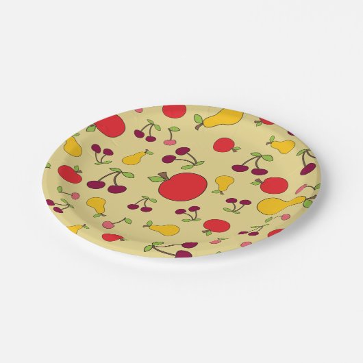 Fruchtmuster Äpfel Kirschen und Birnen Pappteller (Schrägansicht)