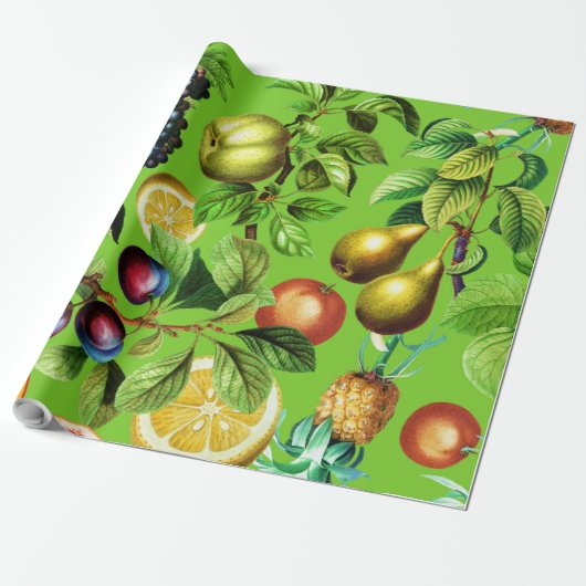 Fruchtmuster im grünen Hintergrund Geschenkpapier (Ungerollt)