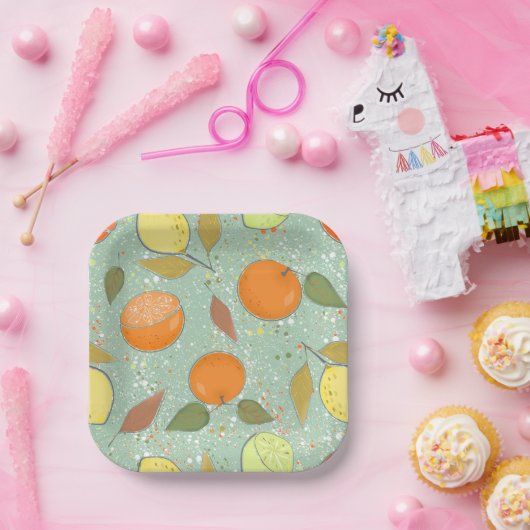 Fruchtmuster mit Zitronen, Orangen Pappteller (Party)