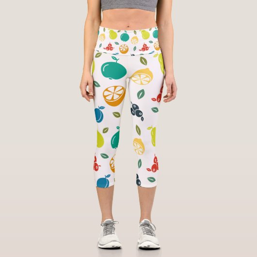 Fruchtmuster, Pflaume, Orange, Zitrone, Birne, Apf Capri Leggings (Vorderseite)