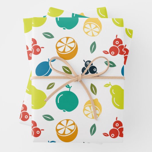 Fruchtmuster, Pflaume, Orange, Zitrone, Birne, Apf Geschenkpapier Set (Beispiel)
