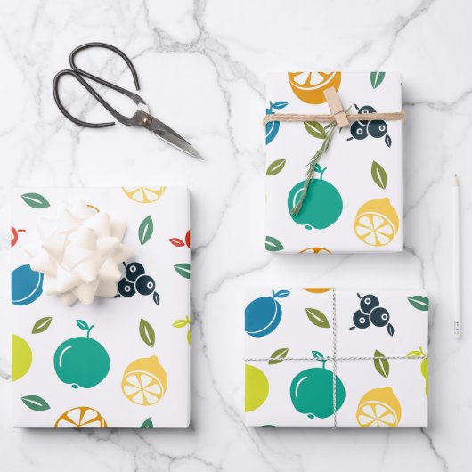 Fruchtmuster, Pflaume, Orange, Zitrone, Birne, Apf Geschenkpapier Set (Vorderseite)