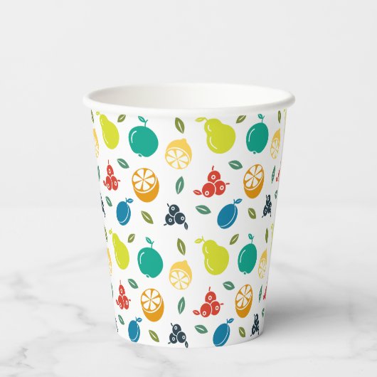 Fruchtmuster, Pflaume, Orange, Zitrone, Birne, Apf Pappbecher (Rückseite)