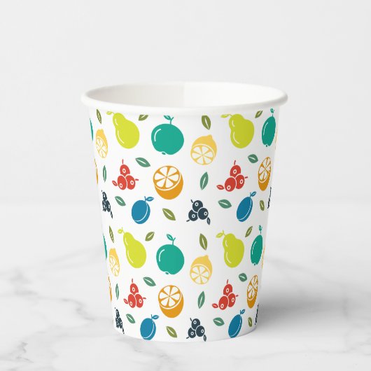 Fruchtmuster, Pflaume, Orange, Zitrone, Birne, Apf Pappbecher (Links)