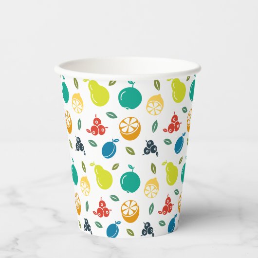 Fruchtmuster, Pflaume, Orange, Zitrone, Birne, Apf Pappbecher (Vorderseite)