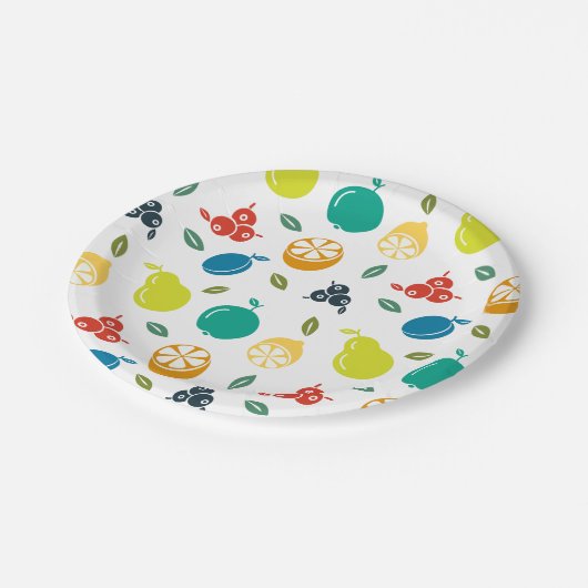 Fruchtmuster, Pflaume, Orange, Zitrone, Birne, Apf Pappteller (Schrägansicht)