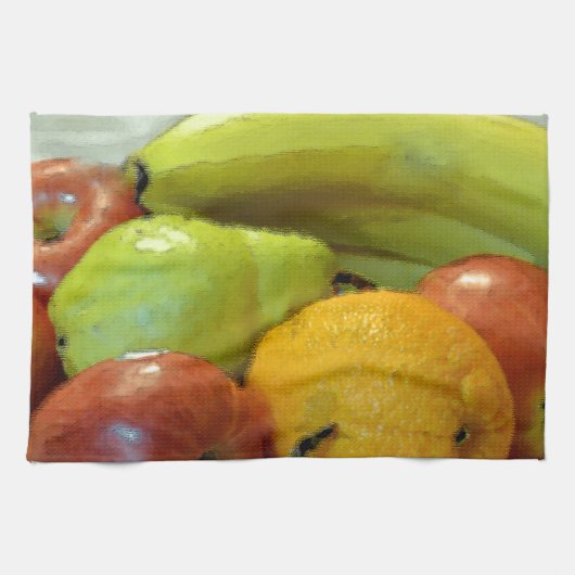 Fruchtschale, Orange, Apfel, Birne, Küchentuch (Horizontal)