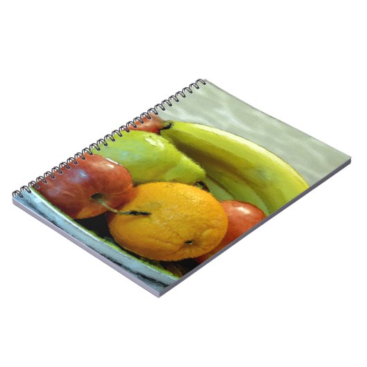 Fruchtschale, Orange, Apfel, Birne, Notizblock (Linke Seite)