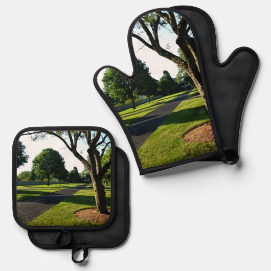 Früh Morgen am Paddock Ofenhandschuh & Topflappen-Set (Vorderseite/Rückseite)