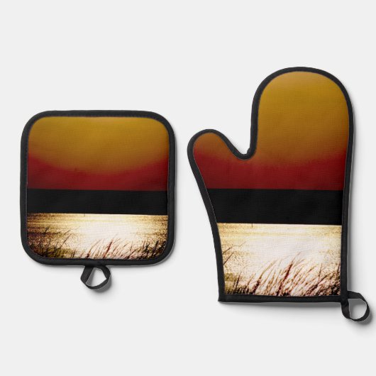 Früher Lake Sunset Ofenhandschuh & Topflappen-Set (Vorderseite)