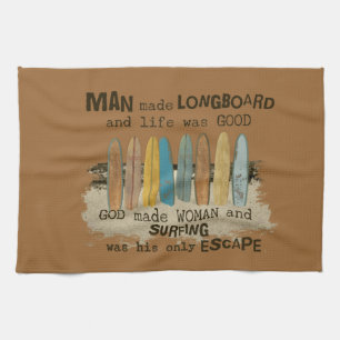 Früher Mann und Frau surfen Humor mit Longboards Küchentuch