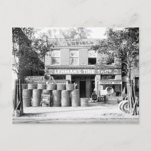 Frühes Reifen-Geschäft, 1921 Postkarte (Vorderseite)