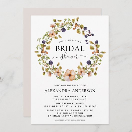 Frühjahr Brautparty Ethereal Blumenreath Moderne Einladung (Vorne/Hinten)