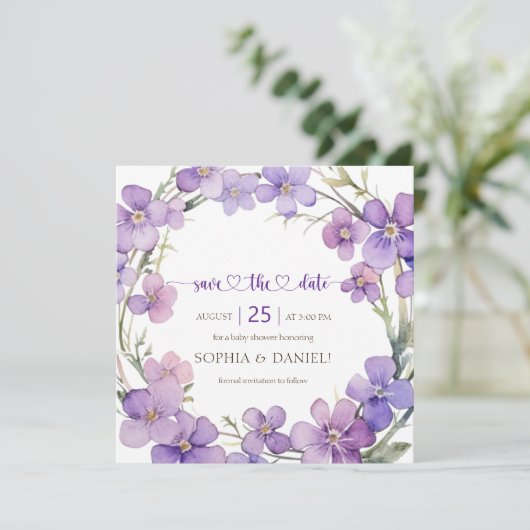 Frühjahr Delicate Violet Blume Babydusche Save The Date (Stehend Vorderseite)