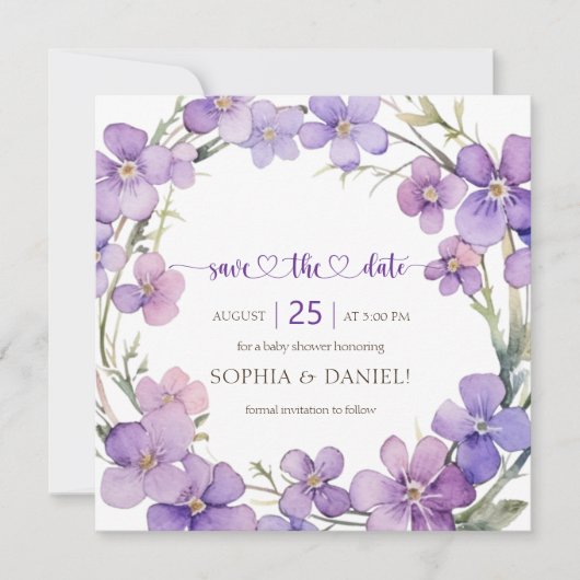 Frühjahr Delicate Violet Blume Babydusche Save The Date (Vorderseite)